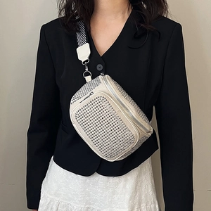 Rhinestone Bucket Crossbody Bag For Women PU Leather Sparkling Rivet Double Zipper Wide Strap Casual Shoulder Bag