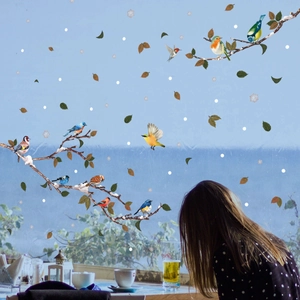 Static cling window stickers with colorful birds and snow branches for home decoration