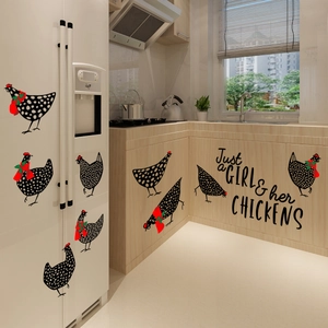 Detail of chicken kitchen wall stickers with Just a GIRL & her CHICKENS text on white fridge