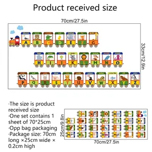 Size chart for animal alphabet train wall stickers showing 70x33cm assembly dimensions