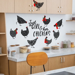 Kitchen wall stickers featuring polka dot chickens with Just a GIRL & her CHICKENS text