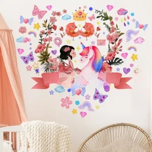 Detail of Hello Beautiful cartoon wall decals featuring unicorns and hearts in a kid's room
