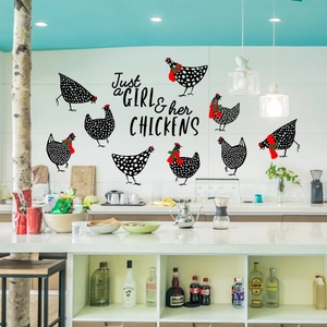 Creative kitchen wall decals with chickens and Just a Girl and her Chickens text