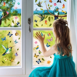 Hummingbird Butterfly Static Window Stickers PVC Double Sided Glass Film Removable Bird Flower Branch Decor Home