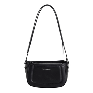 Minimalist black faux leather shoulder bag with silver logo print and top zipper closure