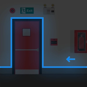 Luminous blue glow in the dark tape with arrow signs for stair safety and fire warnings