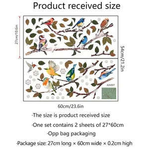 Size guide for colorful bird and tree branch static cling glass window decals, 2 pieces set