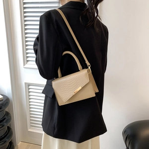 Minimalist beige crocodile embossed square handbag for women with gold clasp buckle