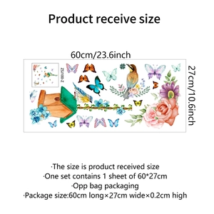 Double-sided watercolor bird and floral window clings with 60x27cm layout dimensions