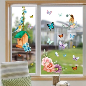Vibrant watercolor floral bird and butterfly window stickers for glass decoration
