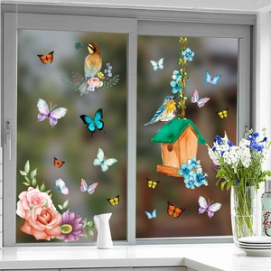 Floral butterfly window clings with watercolor birds and roses on double pane glass