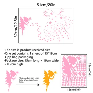 Size chart for glowing fairy and stars wall stickers showing product dimensions