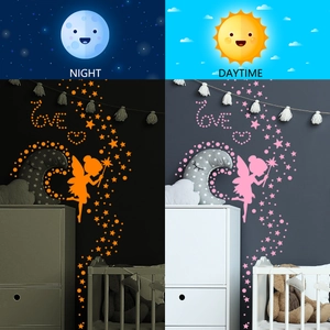Comparison of fairy and star wall stickers in daytime pink and nighttime glowing orange