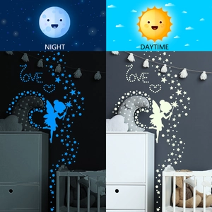 Luminous fairy and stars wall stickers set glowing in ice blue for bedroom decor
