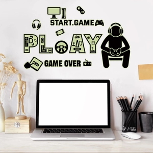 Luminous game controller wall decals featuring neon gaming icons and gaming text phrases