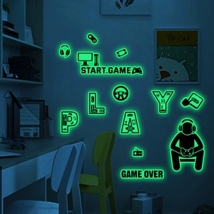 Glow in the dark game controller wall stickers set with neon gaming slogans for bedroom