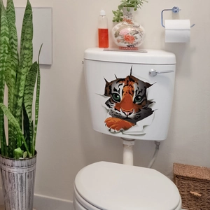 Creative 3D tiger toilet sticker showing realistic animal breaking through a white wall