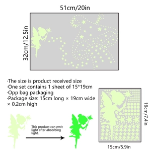 Detailed size specifications for glow-in-the-dark fairy and stars wall stickers