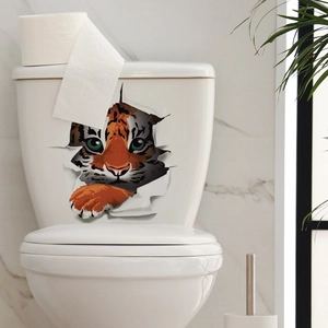 3D tiger wall sticker for toilet with cute cat head peeking through a creative hole