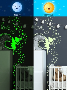 Comparison of fairy and star glow wall stickers showing night fluorescence and daytime look