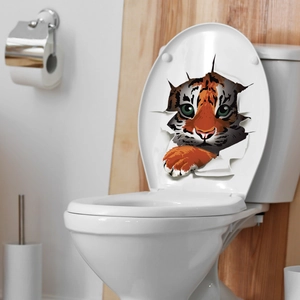 3D tiger toilet sticker with realistic cracked effect and green eyes for bathroom decor