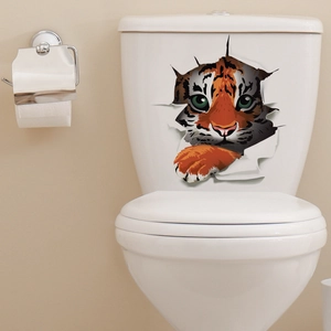 Detailed realistic 3D tiger wall sticker applied on a white toilet tank for creative decor