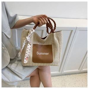 Large straw tote bag for women with Summer leather patch and decorative scarf