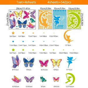 Stickers muraux papillon et étoile fluorescents lot 542pcs avec dimensions et design