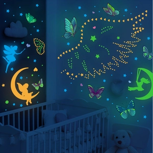 Stickers muraux fluorescents avec fée, étoiles et papillons pour chambre d'enfant