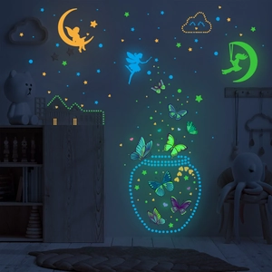 Stickers Muraux Lumineux Papillon Fée Étoiles Lune Brille Dans Le Noir Décoration Chambre Enfant PVC Amovible