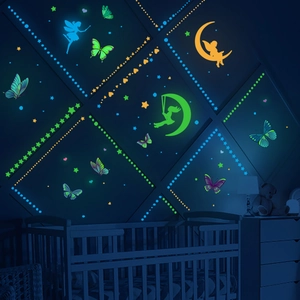 Stickers muraux lumineux avec fée, lune, étoiles et papillons colorés pour la nuit