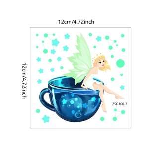 Luminous fairy sitting on tea cup wall sticker with stars for kids bedroom decor