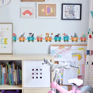 Cartoon animal alphabet train wall decal for kids room with letters P to X decor