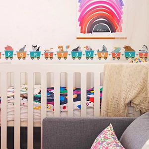 Detailed wall sticker featuring cartoon animal train with alphabet letters P to Z