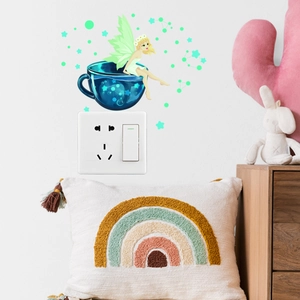 Luminous fairy in a teacup wall sticker with stars glowing in dark bedroom decor