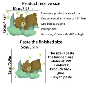 Detailed size chart showing dimensions for cartoon moon bear and elephant wall stickers