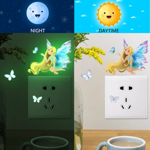 Luminous mermaid fairy and butterfly wall decals showing day and night glow effects