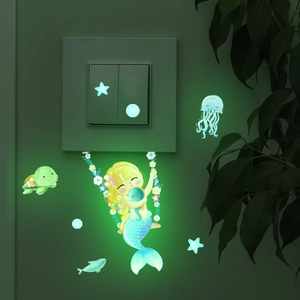 Luminous Mermaid Fairy Wall Stickers Glow In The Dark Ocean Sea Creatures Stars Moon Self Adhesive Wall Decor For Kids Room
