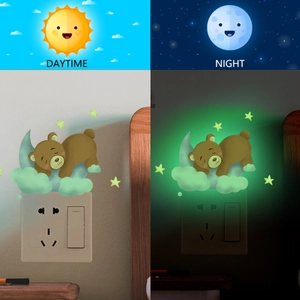 Glow-in-the-dark bear on moon wall sticker showing daytime and night green light effects