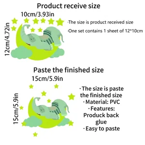 Luminous wall stickers featuring cartoon elephant, moon and stars on a white background