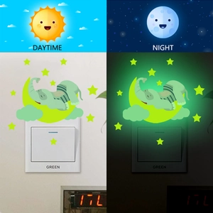 Glow-in-the-dark wall stickers showing cartoon elephant on moon in daytime and night