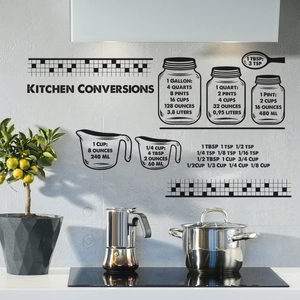 Minimalist kitchen conversion chart wall decal for liquid measurements in black
