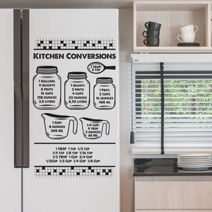 Detail of kitchen measurement conversion wall decal on white fridge in modern kitchen setting