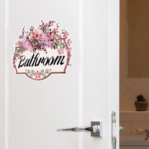 Floral watercolor bathroom door sticker with pink roses and elegant black script
