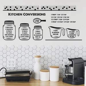 Minimalist black kitchen measurement conversion chart wall sticker on white tiled wall