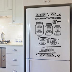 Minimalist black kitchen conversion chart wall sticker on a white refrigerator door