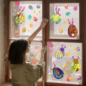 Easter Window Stickers Static Cling Colorful Bunny Ear Eggs Flowers PVC Removable Holiday Home Decor