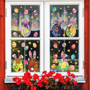 Easter bunny ears and colorful eggs static window clings set for festive glass decoration