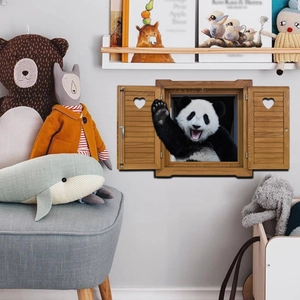 Detailed 3D panda window wall sticker with heart shutters in a cozy nursery playroom