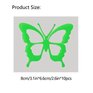 Detailed size chart showing 8cm by 6.6cm dimensions for green glow 3D butterfly wall stickers